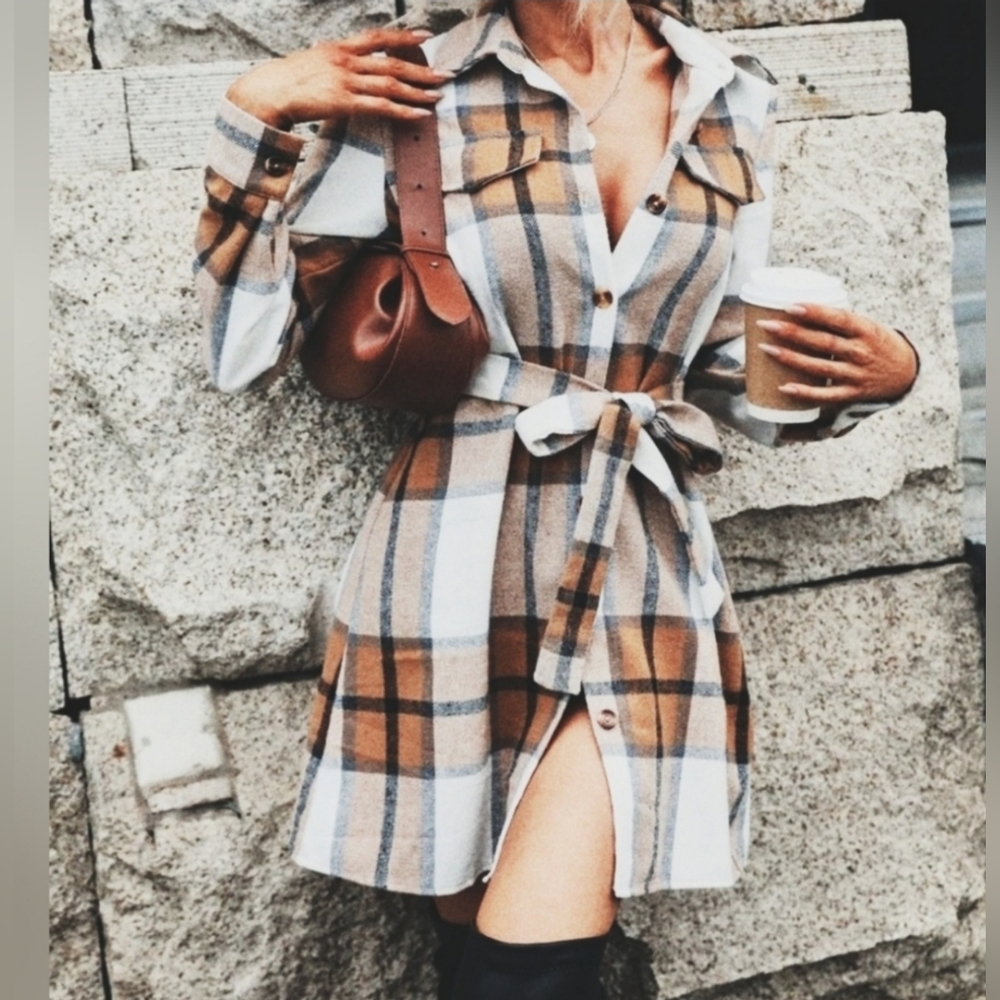 NEW Distressed Cozy Flannel Plaid Shirt Dress Shacket Tan White Black Button Up - Picture 7 of 9